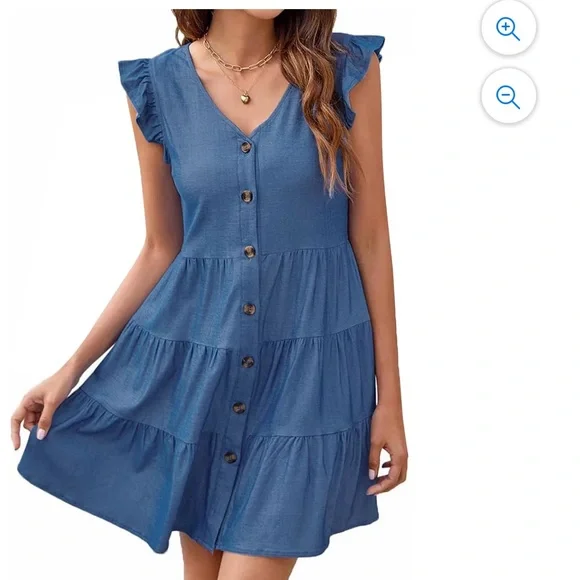 Dresses Womens V Neck Ruffle Trim Sleeveless Denim Dress Cute